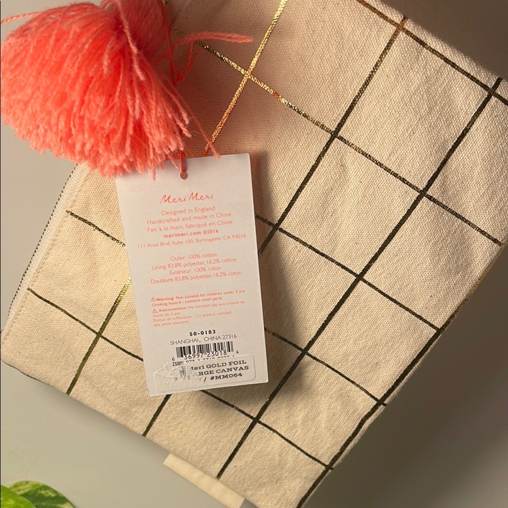 Meri Meri Gold Foil Grid Cotton Canvas small pom pom pouch